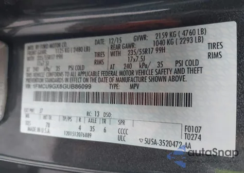 2016 Ford Escape Se из США, поврежденный, VIN 1FMCU9GX8GUB86099